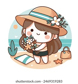 illustration cute baby is holding flowers, beach background