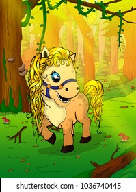 Illustration of a cute baby horse on a forest background