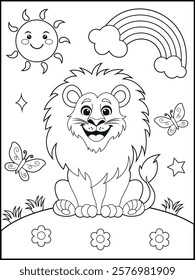 Illustration of a cute baby lion cartoon character. Black and white Printable lion coloring page for kids.
