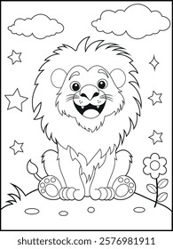 Illustration of a cute baby lion cartoon character. Black and white Printable lion coloring page for kids.
