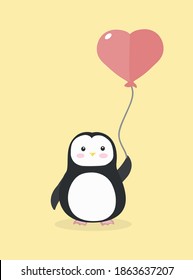 Illustration of a cute baby penguin holding a heart-shaped balloon, cute drawn on a yellow background in flat style. illustration postcard for a Declaration of love.