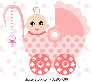 Illustration of a cute baby in a pink stroller.