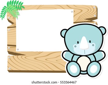 illustration of cute baby rhino on wooden board with blank sign isolated on white background