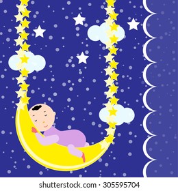 Illustration of a cute baby sleeping on the moon
