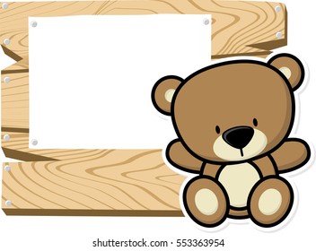 illustration of cute baby teddy bear on wooden board with blank sign isolated on white background