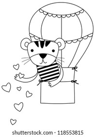 Illustration of cute baby tiger in a Hot Air Balloon