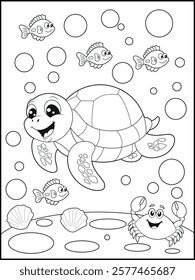 Illustration of a cute baby turtle cartoon character. Black and white Printable underwater coloring page for kids.
