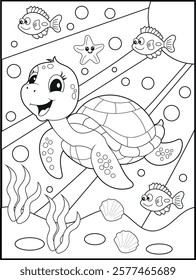 Illustration of a cute baby turtle cartoon character. Black and white Printable underwater coloring page for kids.
