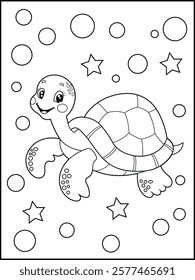 Illustration of a cute baby turtle cartoon character. Black and white Printable underwater coloring page for kids.
