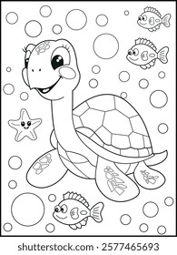 Illustration of a cute baby turtle cartoon character. Black and white Printable underwater coloring page for kids.
