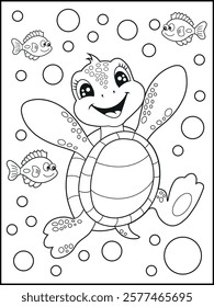 Illustration of a cute baby turtle cartoon character. Black and white Printable underwater coloring page for kids.
