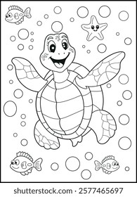 Illustration of a cute baby turtle cartoon character. Black and white Printable underwater coloring page for kids.
