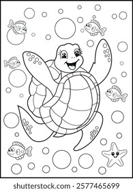 Illustration of a cute baby turtle cartoon character. Black and white Printable underwater coloring page for kids.
