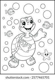 Illustration of a cute baby turtle cartoon character. Black and white Printable underwater coloring page for kids.
