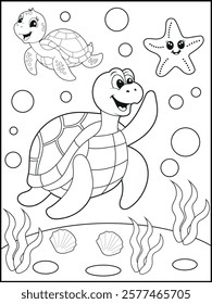 Illustration of a cute baby turtle cartoon character. Black and white Printable underwater coloring page for kids.
