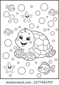 Illustration of a cute baby turtle cartoon character. Black and white Printable underwater coloring page for kids.
