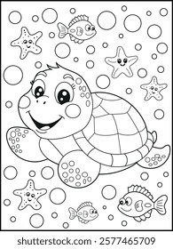 Illustration of a cute baby turtle cartoon character. Black and white Printable underwater coloring page for kids.
