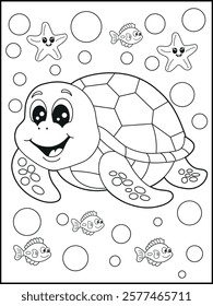 Illustration of a cute baby turtle cartoon character. Black and white Printable underwater coloring page for kids.
