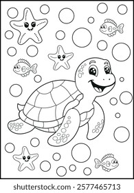 Illustration of a cute baby turtle cartoon character. Black and white Printable underwater coloring page for kids.
