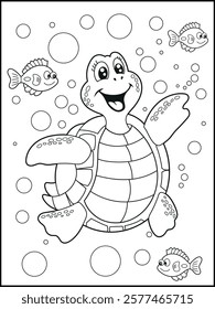 Illustration of a cute baby turtle cartoon character. Black and white Printable underwater coloring page for kids.
