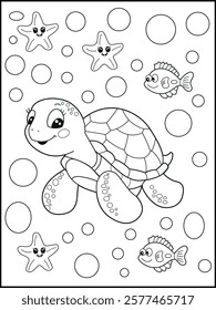 Illustration of a cute baby turtle cartoon character. Black and white Printable underwater coloring page for kids.
