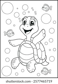 Illustration of a cute baby turtle cartoon character. Black and white Printable underwater coloring page for kids.
