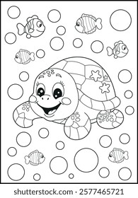 Illustration of a cute baby turtle cartoon character. Black and white Printable underwater coloring page for kids.
