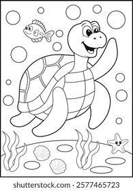 Illustration of a cute baby turtle cartoon character. Black and white Printable underwater coloring page for kids.
