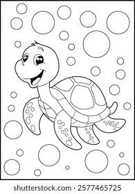 Illustration of a cute baby turtle cartoon character. Black and white Printable underwater coloring page for kids.
