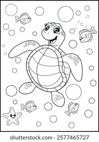 Illustration of a cute baby turtle cartoon character. Black and white Printable underwater coloring page for kids.
