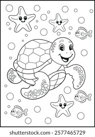 Illustration of a cute baby turtle cartoon character. Black and white Printable underwater coloring page for kids.
