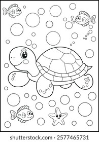 Illustration of a cute baby turtle cartoon character. Black and white Printable underwater coloring page for kids.
