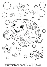 Illustration of a cute baby turtle cartoon character. Black and white Printable underwater coloring page for kids.
