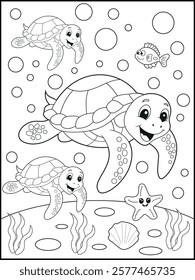 Illustration of a cute baby turtle cartoon character. Black and white Printable underwater coloring page for kids.
