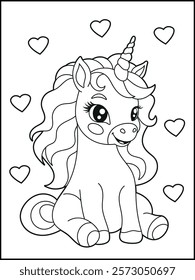 Illustration of a cute baby unicorn cartoon character. Black and white Printable Unicorn coloring page for kids.