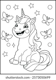 Illustration of a cute baby unicorn cartoon character. Black and white Printable Unicorn coloring page for kids.