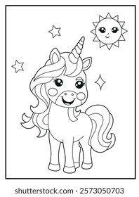 Illustration of a cute baby unicorn cartoon character. Black and white Printable Unicorn coloring page for kids.