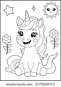 Illustration of a cute baby unicorn cartoon character. Black and white Printable Unicorn coloring page for kids.