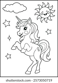 Illustration of a cute baby unicorn cartoon character. Black and white Printable Unicorn coloring page for kids.