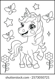 Illustration of a cute baby unicorn cartoon character. Black and white Printable Unicorn coloring page for kids.