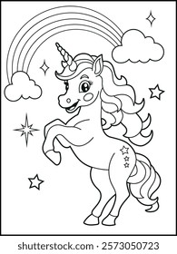 Illustration of a cute baby unicorn cartoon character. Black and white Printable Unicorn coloring page for kids.