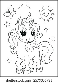 Illustration of a cute baby unicorn cartoon character. Black and white Printable Unicorn coloring page for kids.