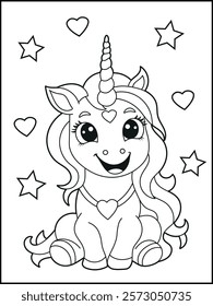 Illustration of a cute baby unicorn cartoon character. Black and white Printable Unicorn coloring page for kids.