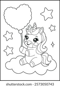 Illustration of a cute baby unicorn cartoon character. Black and white Printable Unicorn coloring page for kids.