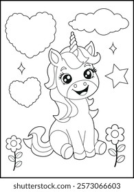 Illustration of a cute baby unicorn cartoon character. Black and white Printable Unicorn coloring page for kids.