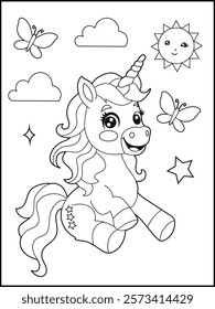 Illustration of a cute baby unicorn cartoon character. Black and white Printable Unicorn coloring page for kids.