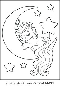 Illustration of a cute baby unicorn cartoon character. Black and white Printable Unicorn coloring page for kids.