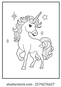 Illustration of a cute baby unicorn cartoon character. Black and white Printable Unicorn coloring page for kids.