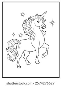 Illustration of a cute baby unicorn cartoon character. Black and white Printable Unicorn coloring page for kids.