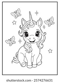 Illustration of a cute baby unicorn cartoon character. Black and white Printable Unicorn coloring page for kids.
